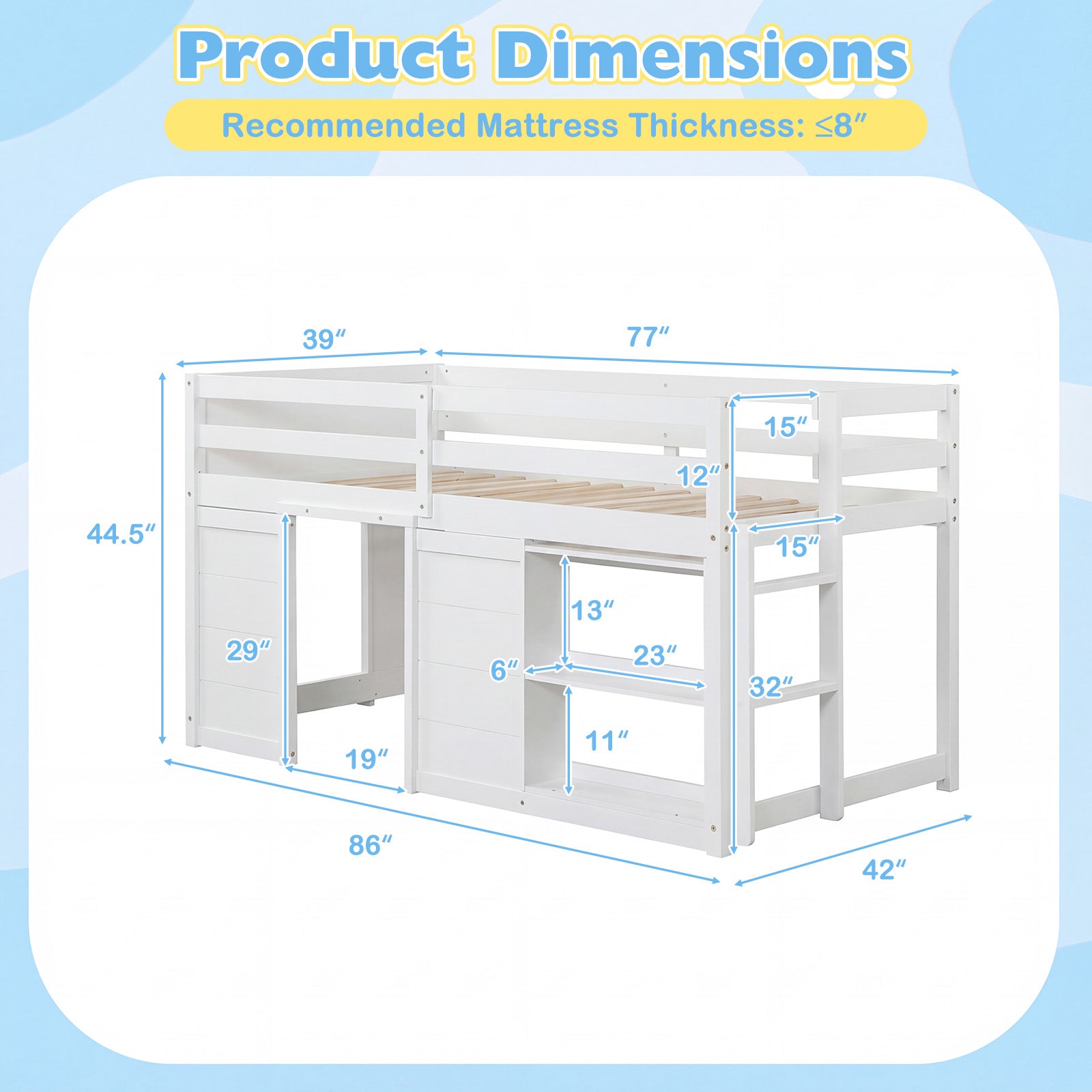 Wooden Low Kids Loft Bed with LED Lights and 2 Doors, White Bunk Bed Frame at Gallery Canada
