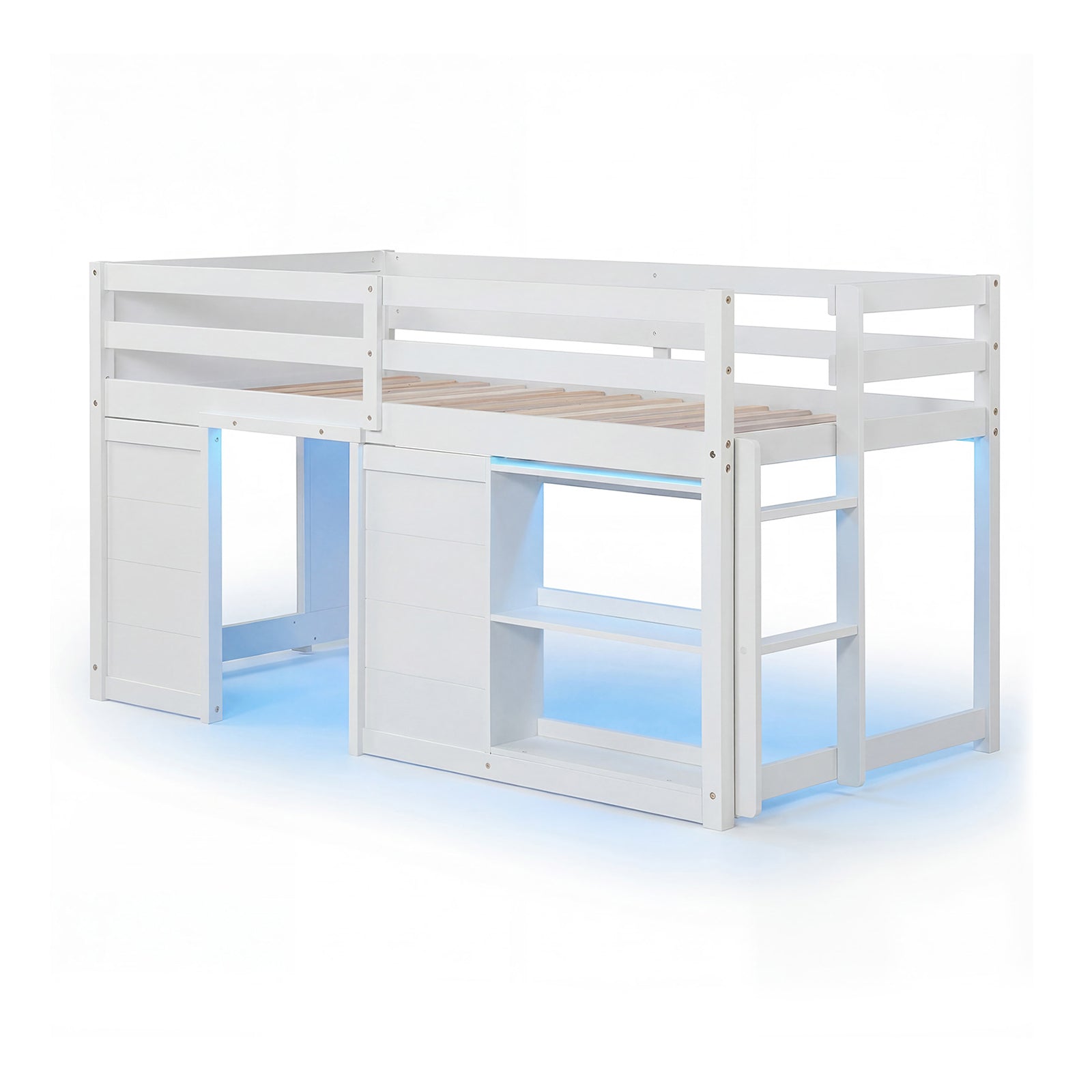 Wooden Low Kids Loft Bed with LED Lights and 2 Doors, White Bunk Bed Frame at Gallery Canada