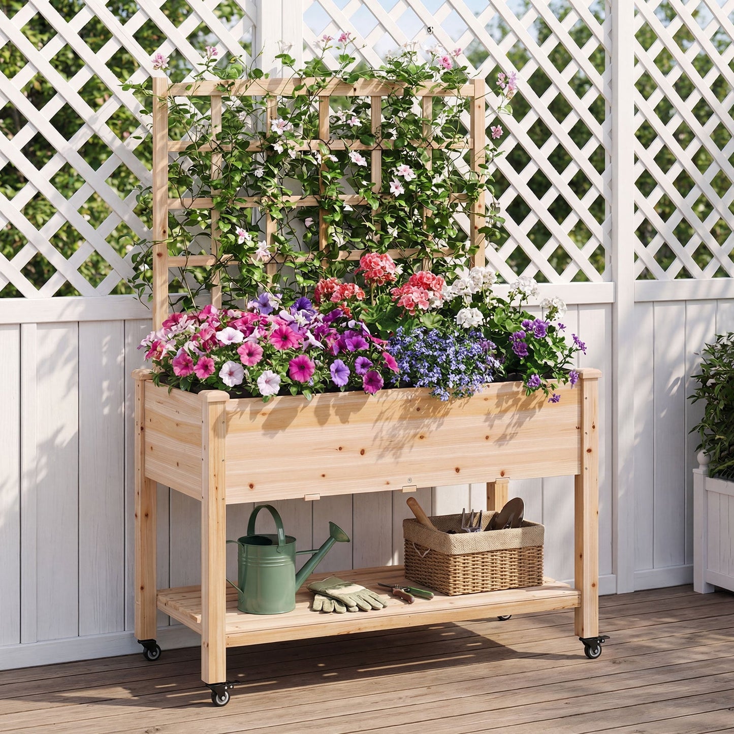Wooden Mobile Raised Garden Bed On Wheels With Trellis, Natural Raised Garden Beds at Gallery Canada