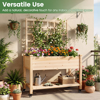 Wooden Mobile Raised Garden Bed On Wheels With Trellis, Natural Raised Garden Beds at Gallery Canada
