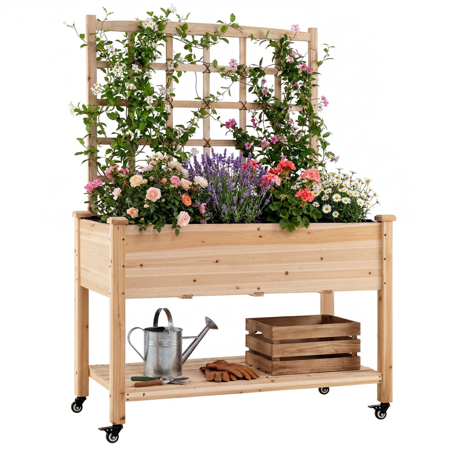 Wooden Mobile Raised Garden Bed On Wheels With Trellis, Natural Raised Garden Beds at Gallery Canada