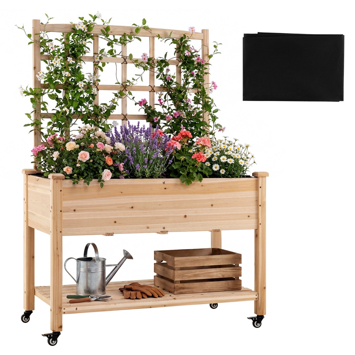 Wooden Mobile Raised Garden Bed On Wheels With Trellis, Natural Raised Garden Beds at Gallery Canada
