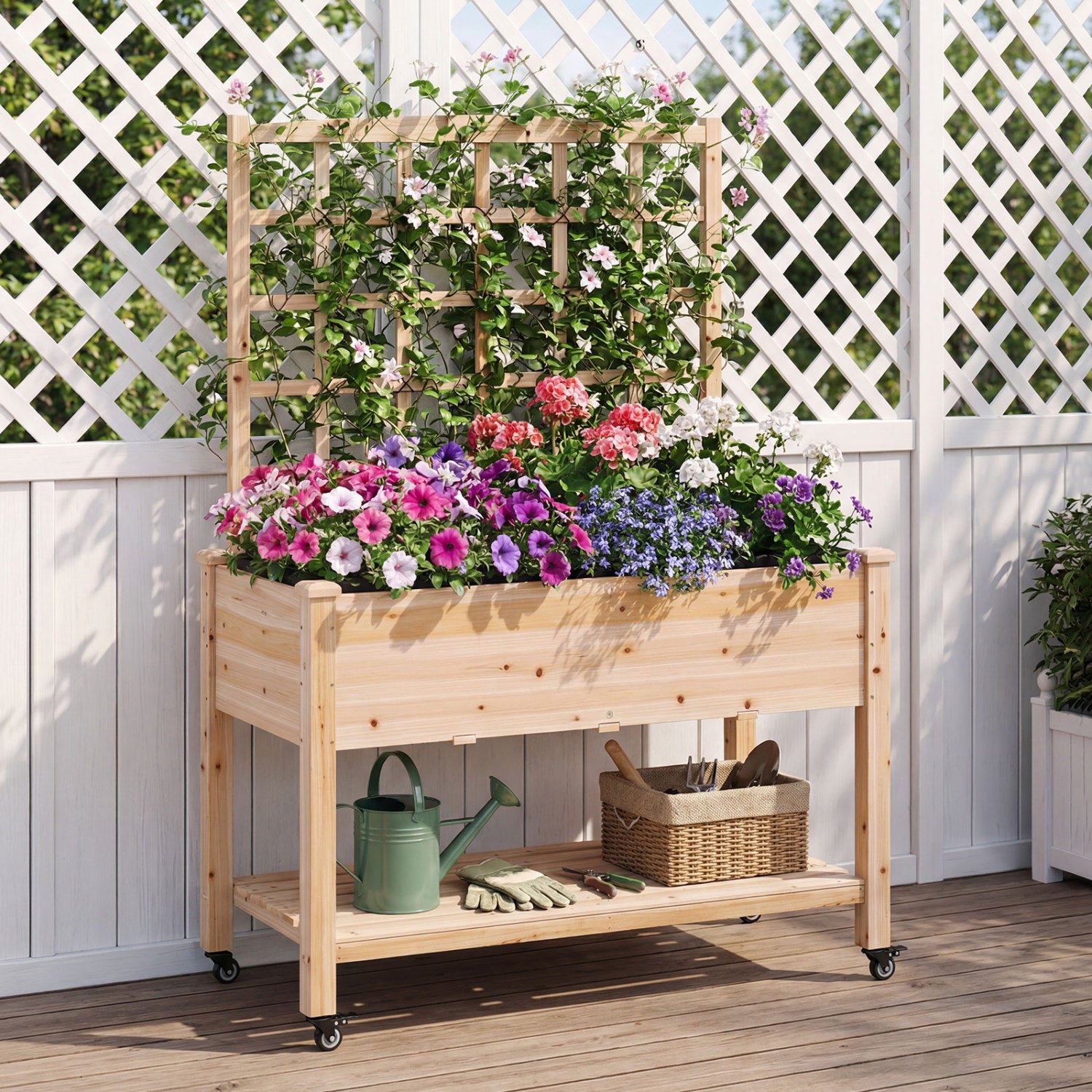 Wooden Mobile Raised Garden Bed On Wheels With Trellis, Natural Raised Garden Beds at Gallery Canada