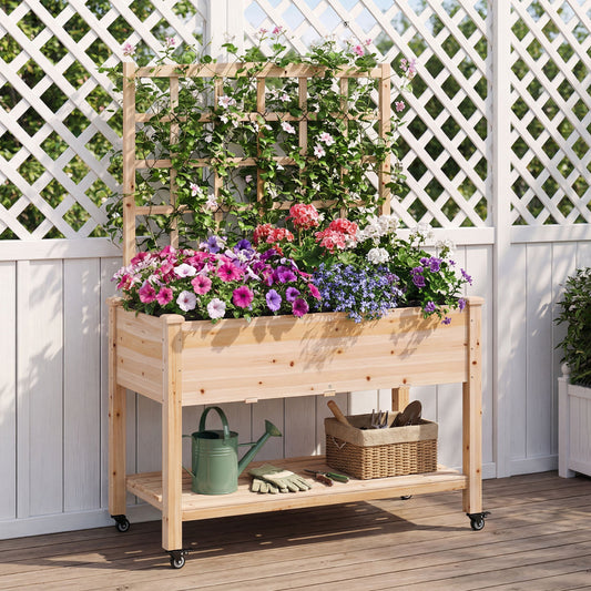 Wooden Mobile Raised Garden Bed On Wheels With Trellis, Natural Raised Garden Beds Natural at Gallery Canada