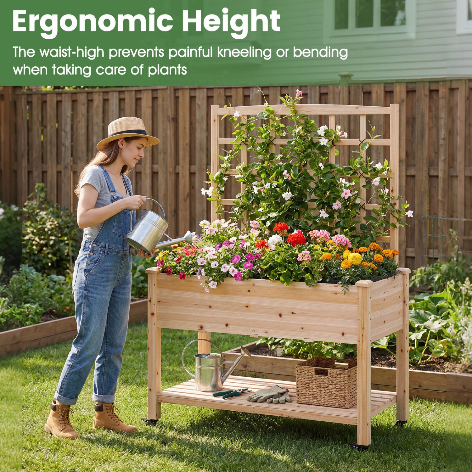 Wooden Mobile Raised Garden Bed On Wheels With Trellis, Natural Raised Garden Beds at Gallery Canada