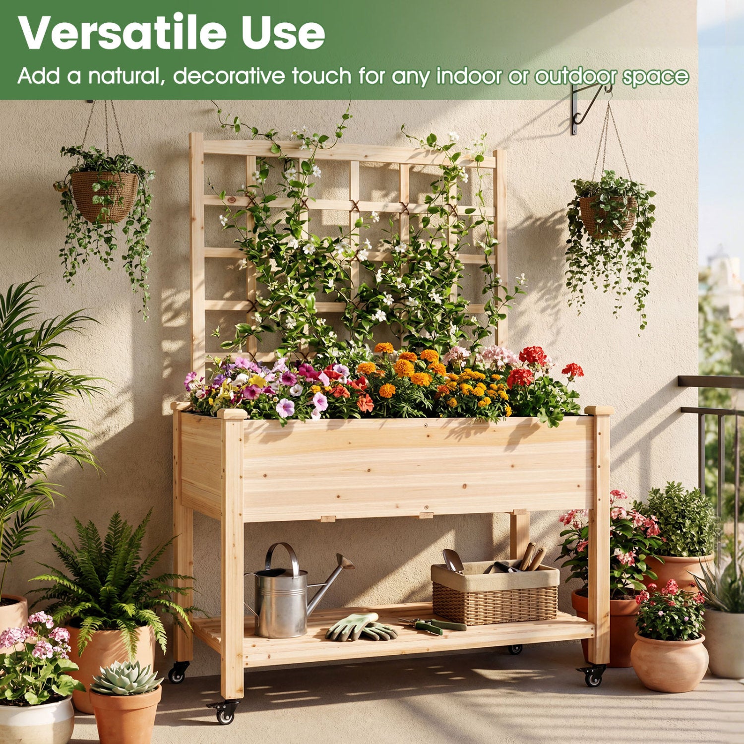 Wooden Mobile Raised Garden Bed On Wheels With Trellis, Natural Raised Garden Beds at Gallery Canada