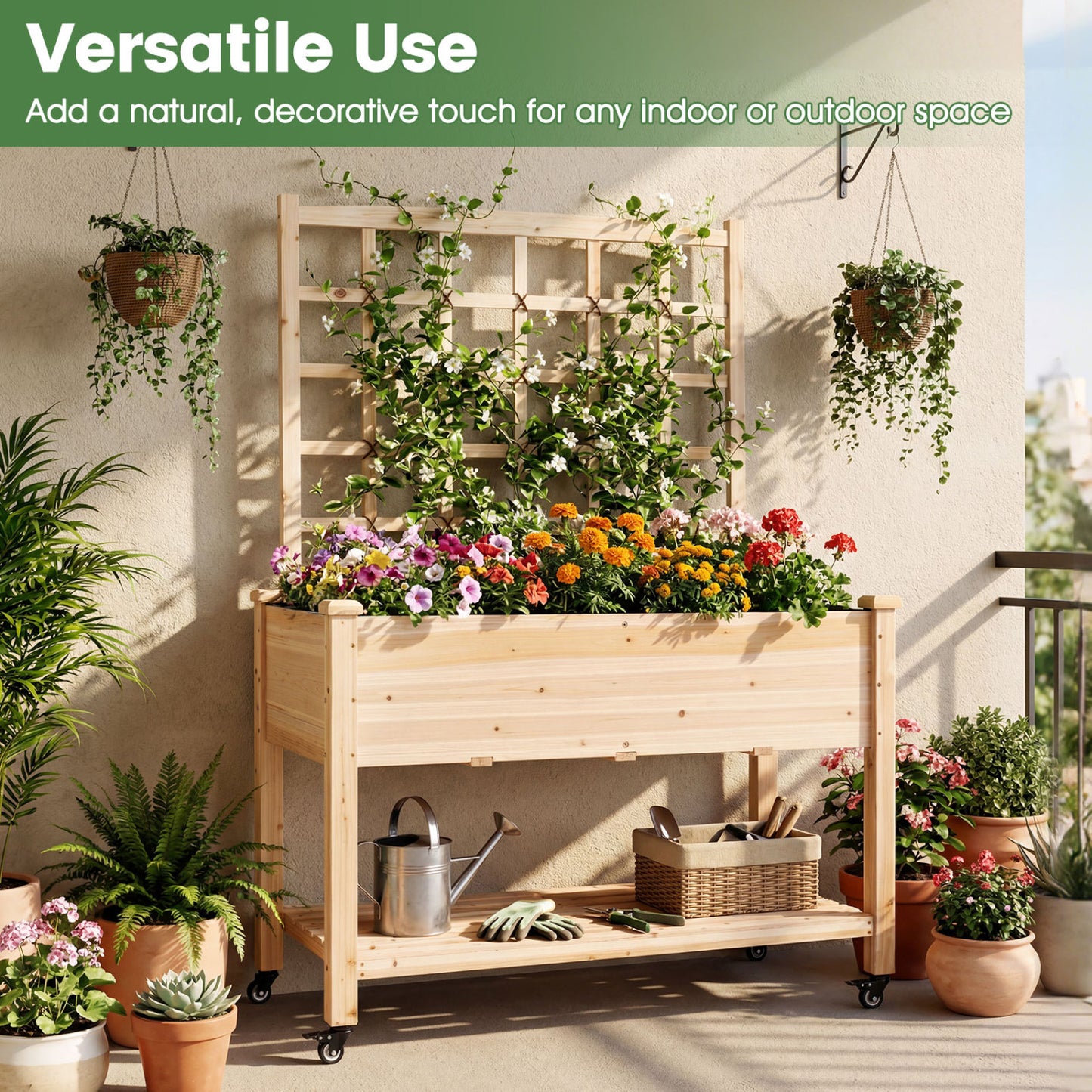 Wooden Mobile Raised Garden Bed On Wheels With Trellis, Natural Raised Garden Beds at Gallery Canada