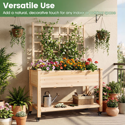 Wooden Mobile Raised Garden Bed On Wheels With Trellis, Natural Raised Garden Beds at Gallery Canada