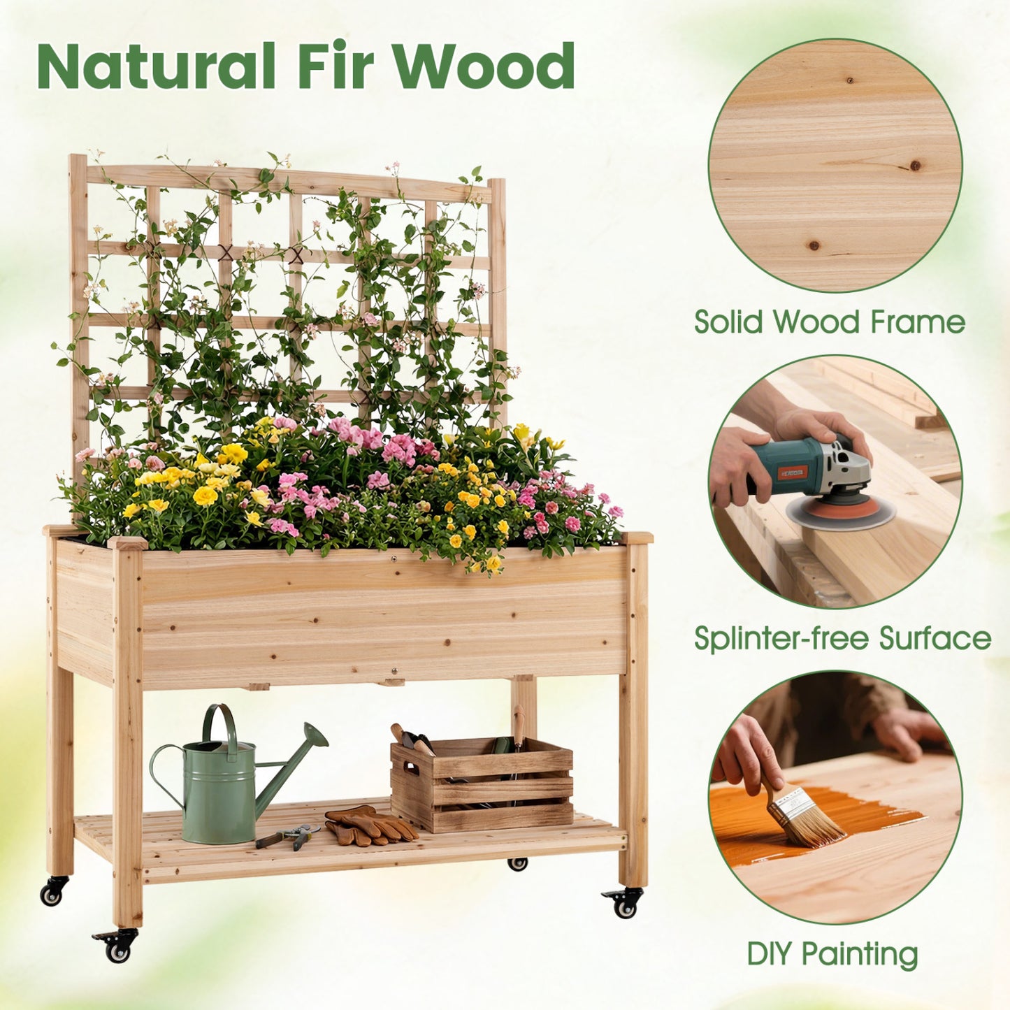 Wooden Mobile Raised Garden Bed On Wheels With Trellis, Natural Raised Garden Beds at Gallery Canada