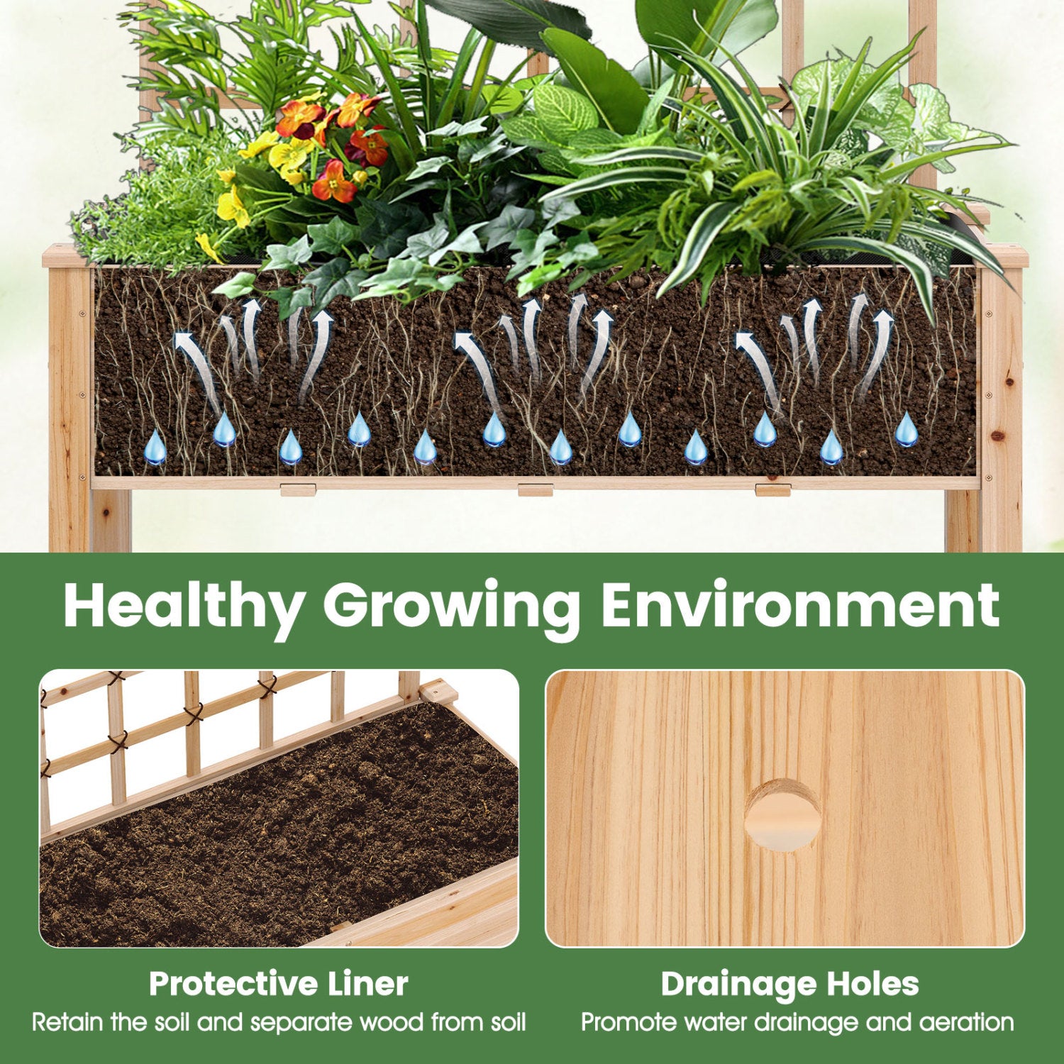 Wooden Mobile Raised Garden Bed On Wheels With Trellis, Natural Raised Garden Beds at Gallery Canada