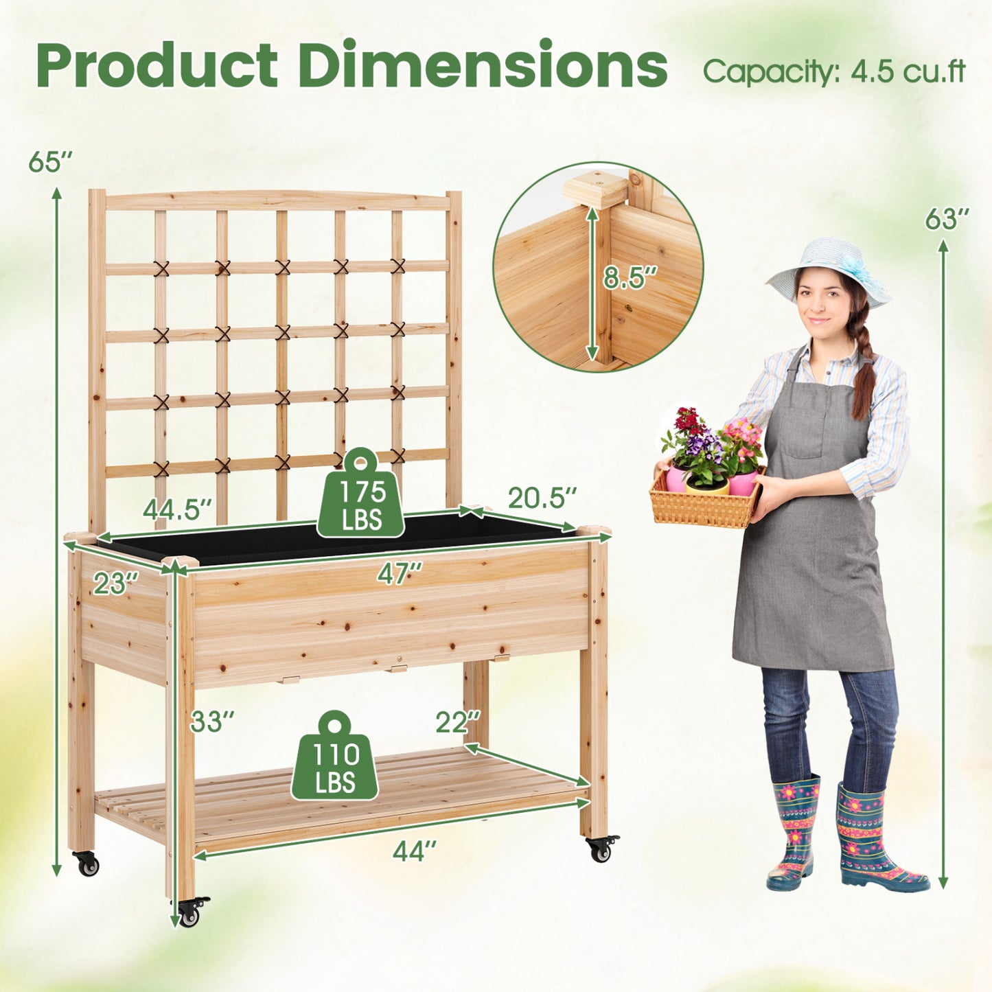Wooden Mobile Raised Garden Bed On Wheels With Trellis, Natural Raised Garden Beds at Gallery Canada
