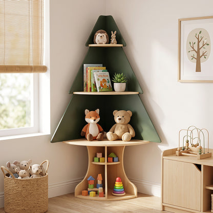 Montessori Wooden Corner Tree Bookshelf, Toy Storage, Green