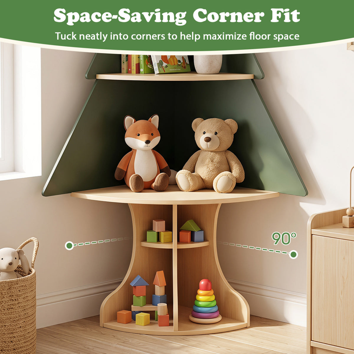 Montessori Wooden Corner Tree Bookshelf, Toy Storage, Green