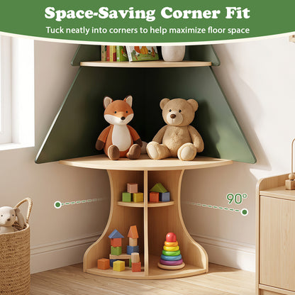 Montessori Wooden Corner Tree Bookshelf, Toy Storage, Green