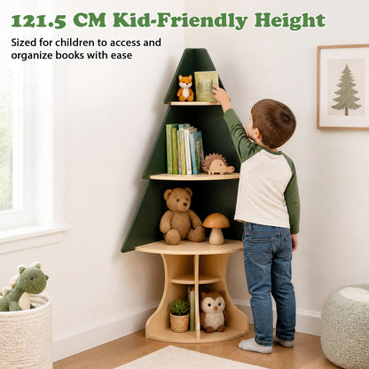 Montessori Wooden Corner Tree Bookshelf, Toy Storage, Green