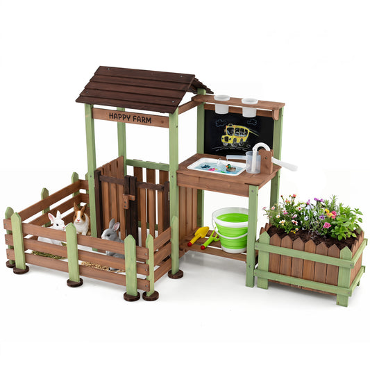 Wooden Mud Farm Playset with Planter Box Lockable Yard and Faucet for 3+ Kids Play Kitchen Sets Brown + Green at Gallery Canada
