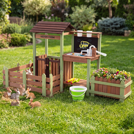 Wooden Mud Farm Playset with Planter Box Lockable Yard and Faucet for 3+ Kids Play Kitchen Sets Brown + Green at Gallery Canada