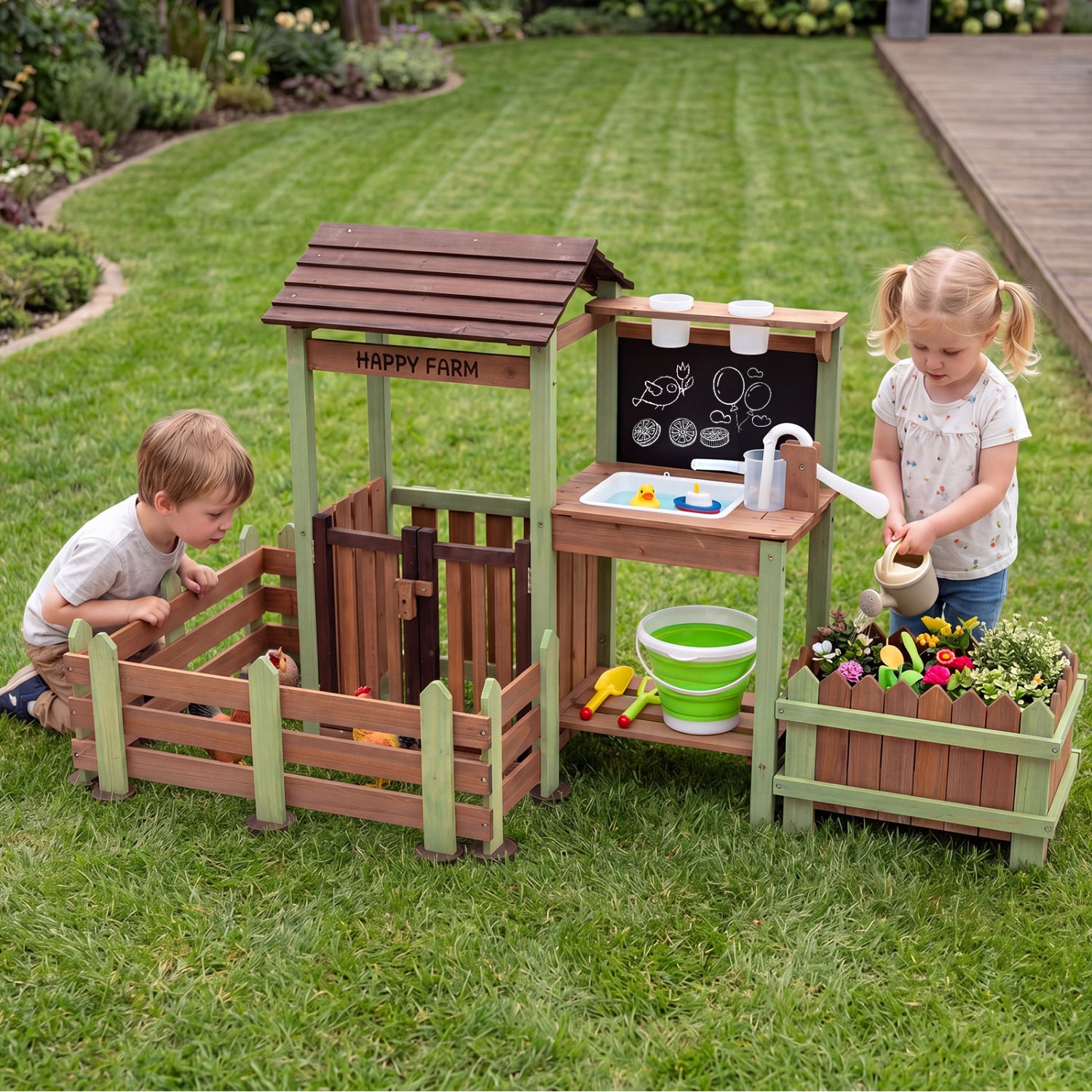 Wooden Mud Farm Playset with Planter Box Lockable Yard and Faucet for 3+ Kids Play Kitchen Sets at Gallery Canada