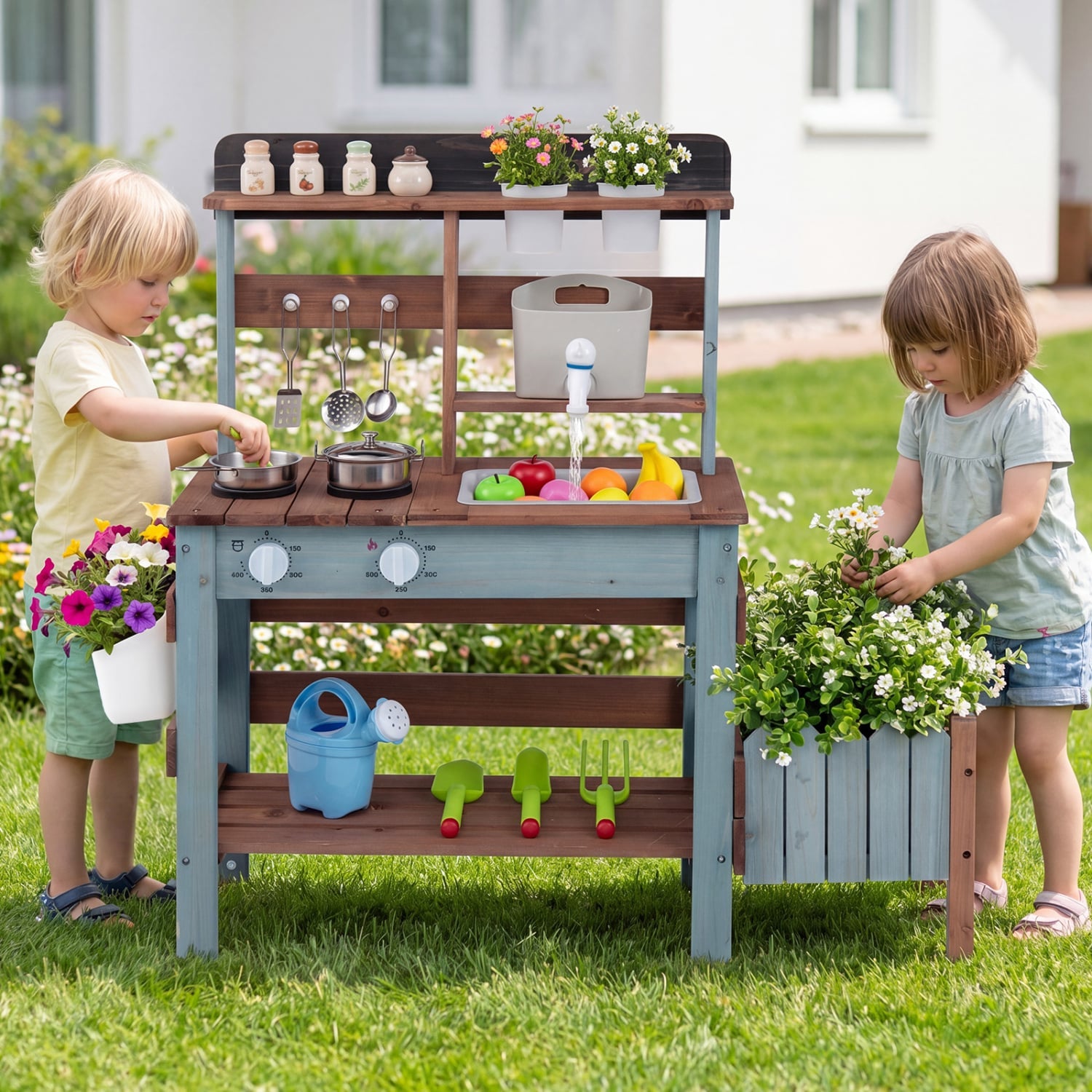 Wooden Mud Kitchen Set With Running Water Faucet Tank, Blue Play Kitchen Sets at Gallery Canada