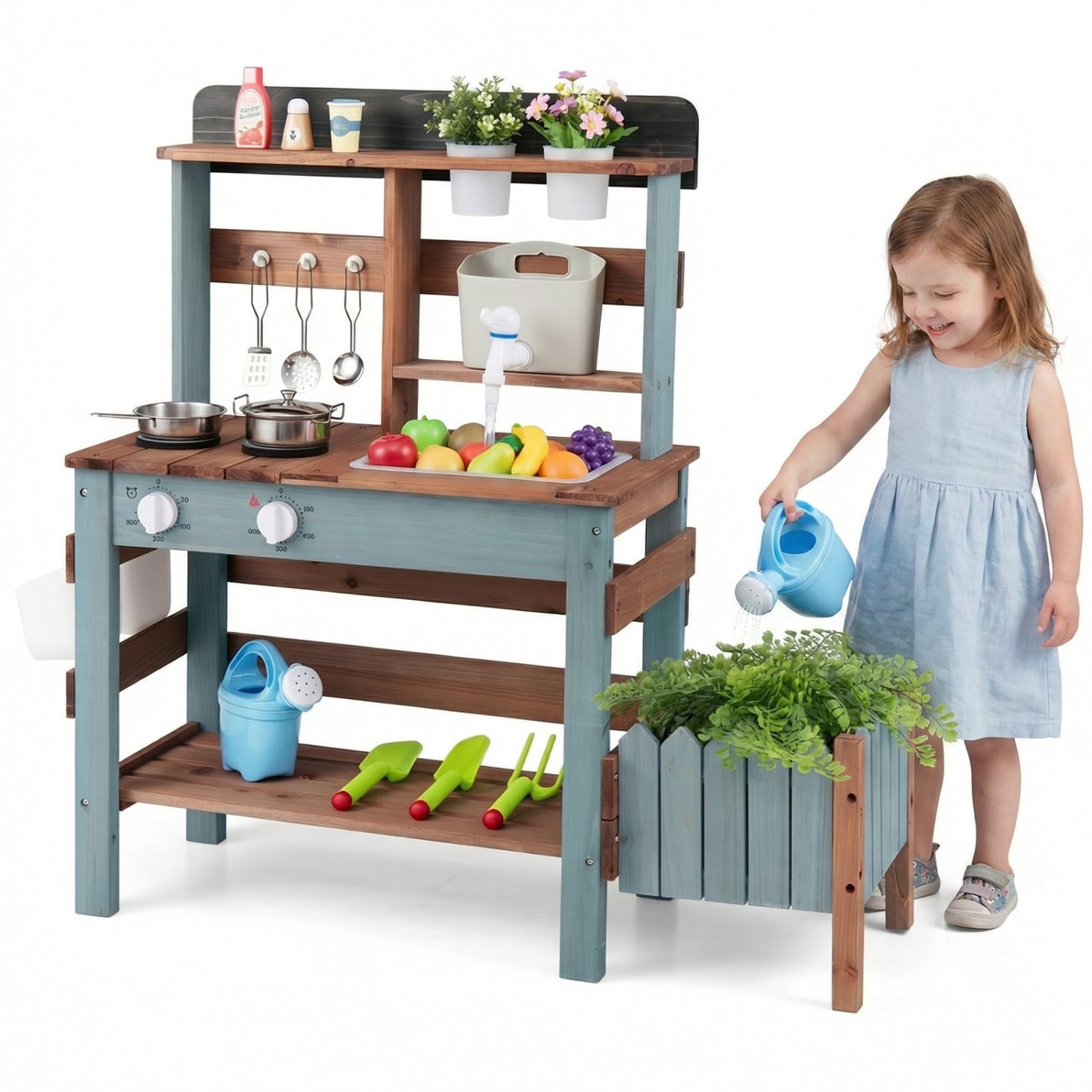 Wooden Mud Kitchen Set With Running Water Faucet Tank, Blue Play Kitchen Sets Blue at Gallery Canada