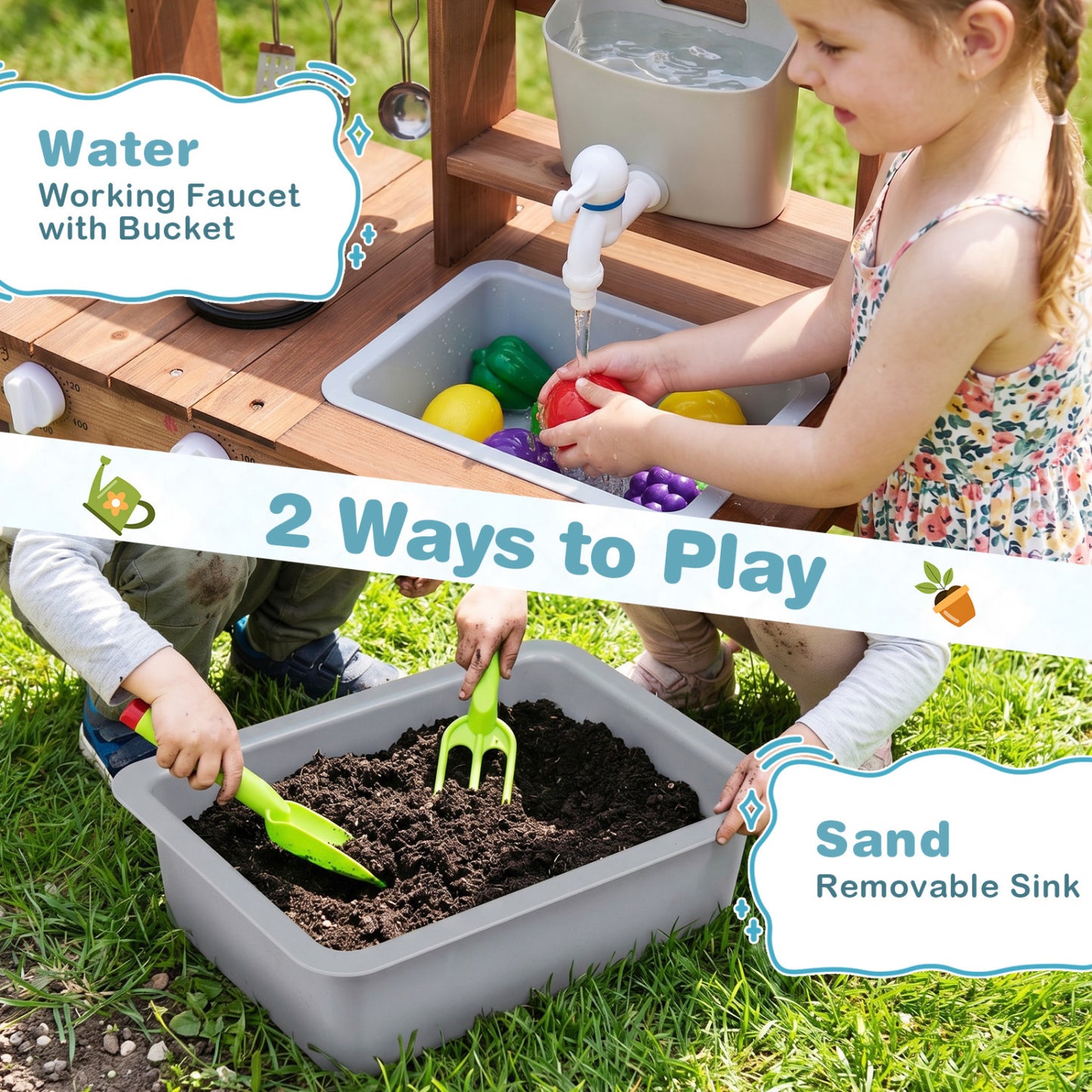 Wooden Mud Kitchen Set With Running Water Faucet Tank, Blue Play Kitchen Sets at Gallery Canada