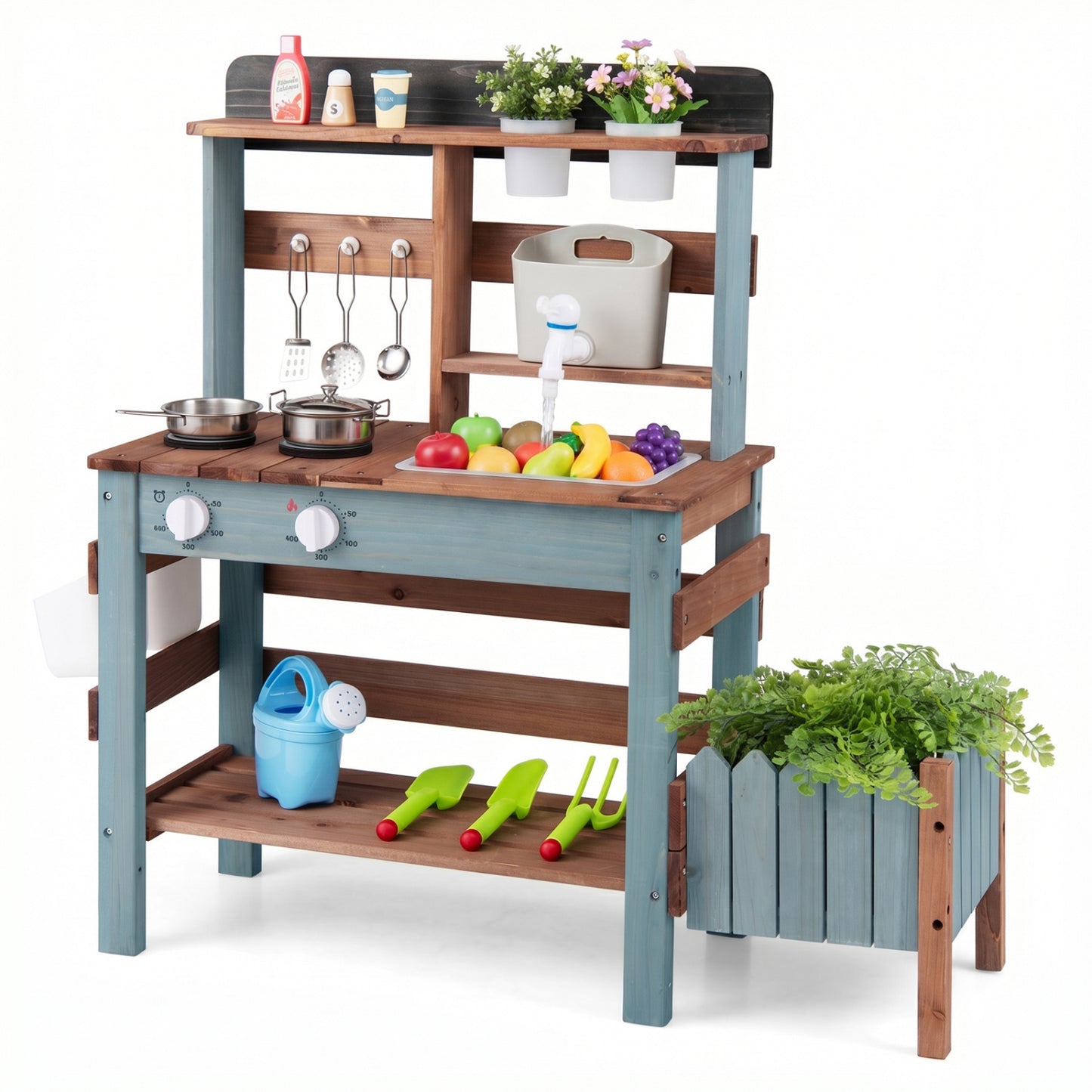 Wooden Mud Kitchen Set With Running Water Faucet Tank, Blue Play Kitchen Sets Blue at Gallery Canada