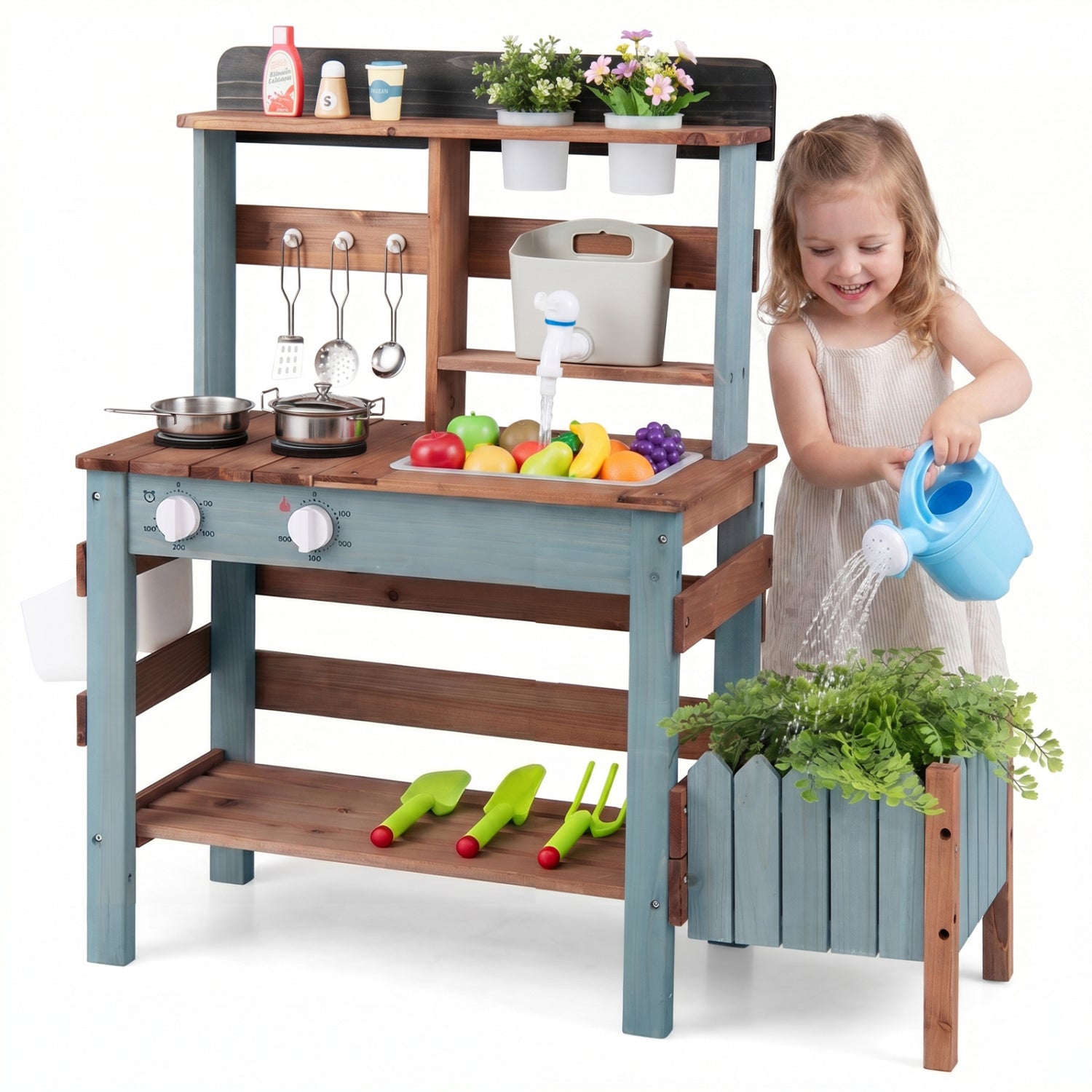 Wooden Mud Kitchen Set With Running Water Faucet Tank, Blue Play Kitchen Sets at Gallery Canada