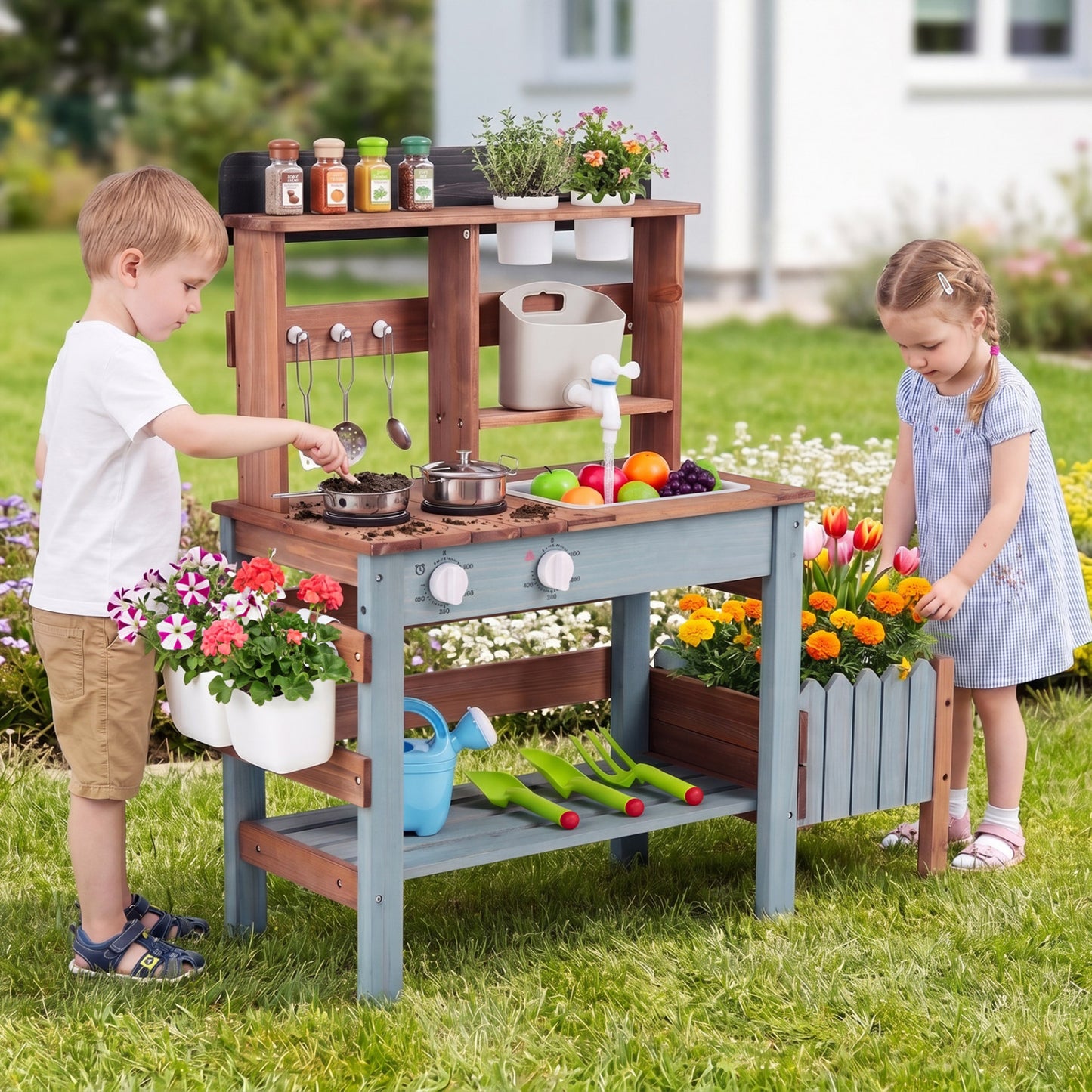 Wooden Mud Kitchen Set With Running Water Faucet Tank, Blue Play Kitchen Sets at Gallery Canada