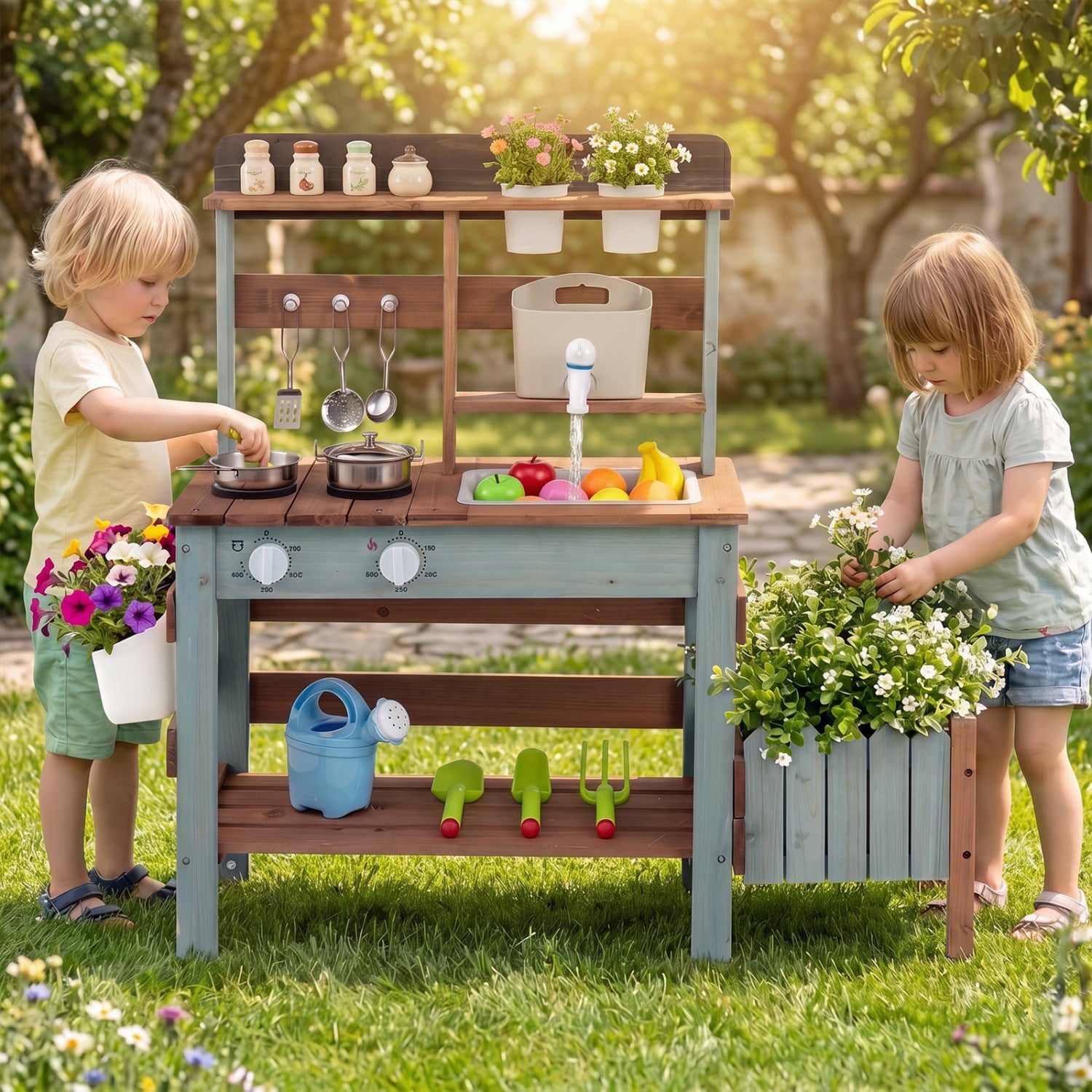 Wooden Mud Kitchen Set With Running Water Faucet Tank, Blue Play Kitchen Sets at Gallery Canada