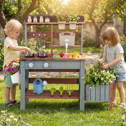 Wooden Mud Kitchen Set With Running Water Faucet Tank, Blue Play Kitchen Sets at Gallery Canada