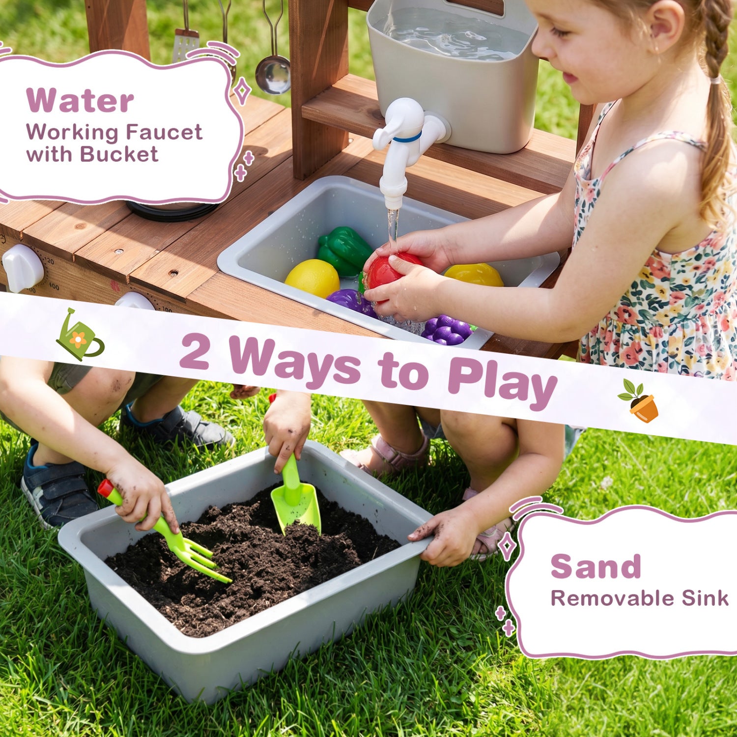 Wooden Mud Kitchen Set With Running Water Faucet Tank, Purple Play Kitchen Sets at Gallery Canada