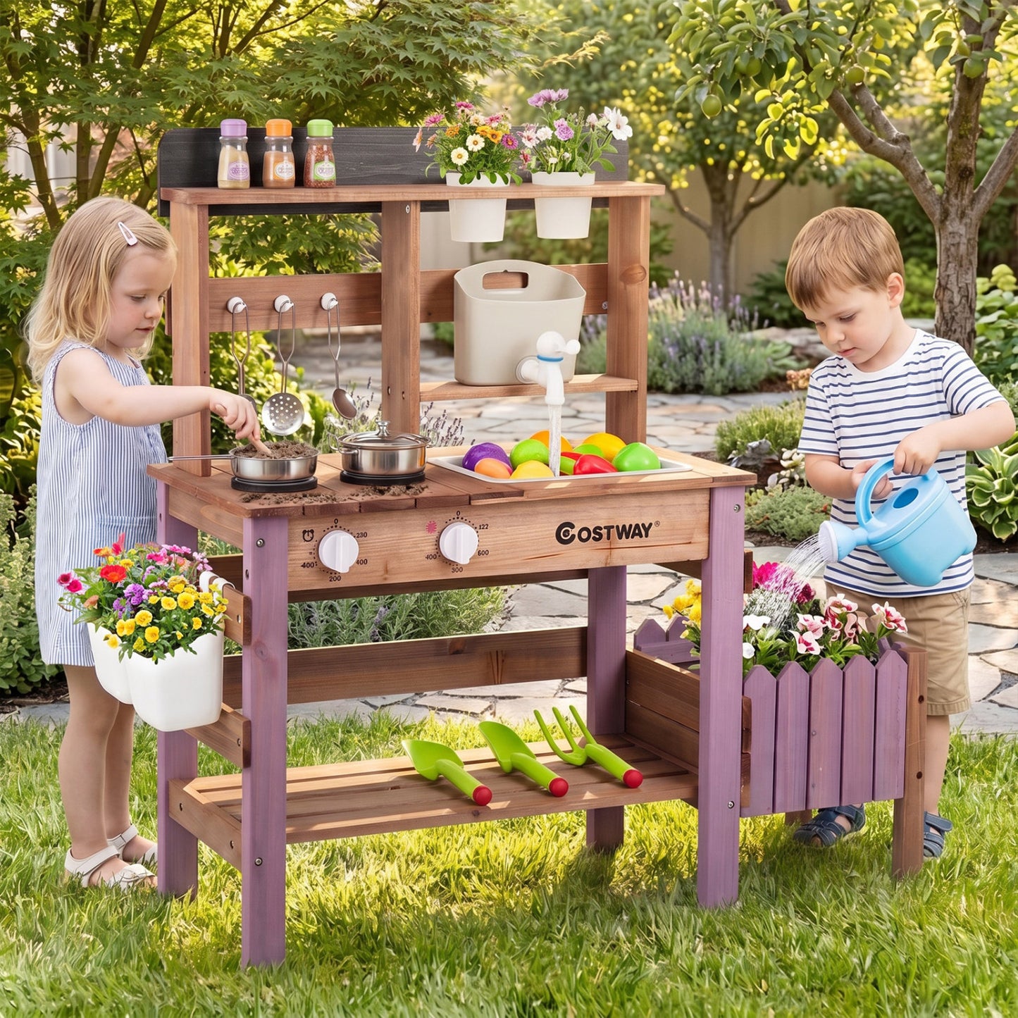 Wooden Mud Kitchen Set With Running Water Faucet Tank, Purple Play Kitchen Sets at Gallery Canada