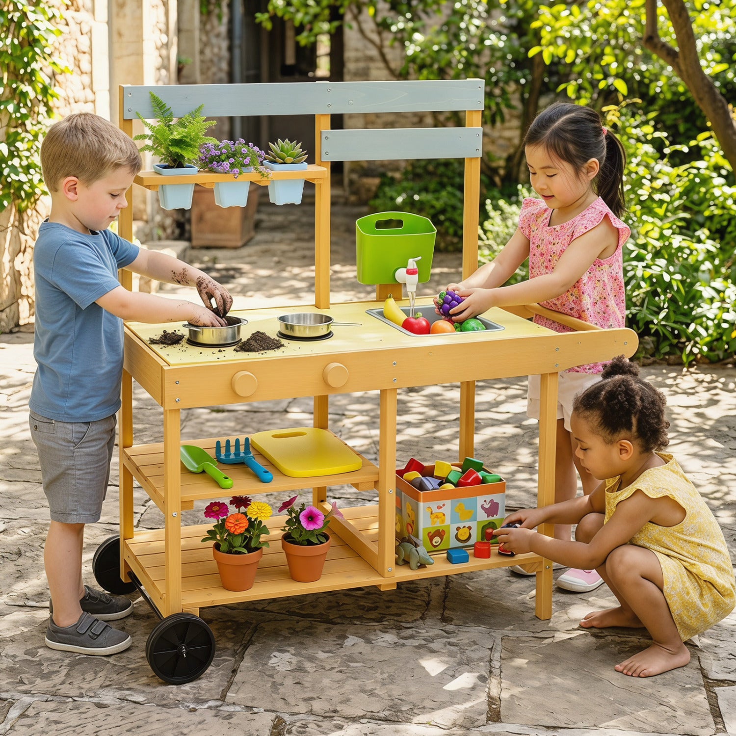 Wooden Outdoor Mud Kitchen for Kids with Flowerpots and Wheels, Yellow Play Kitchen Sets at Gallery Canada