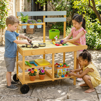 Wooden Outdoor Mud Kitchen for Kids with Flowerpots and Wheels, Yellow Play Kitchen Sets at Gallery Canada