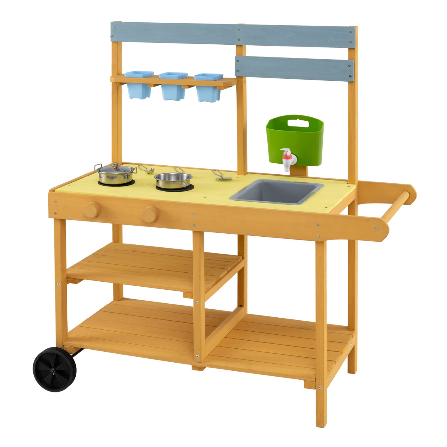 Wooden Outdoor Mud Kitchen for Kids with Flowerpots and Wheels, Yellow Play Kitchen Sets Yellow at Gallery Canada