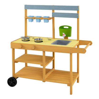 Wooden Outdoor Mud Kitchen for Kids with Flowerpots and Wheels, Yellow Play Kitchen Sets Yellow at Gallery Canada