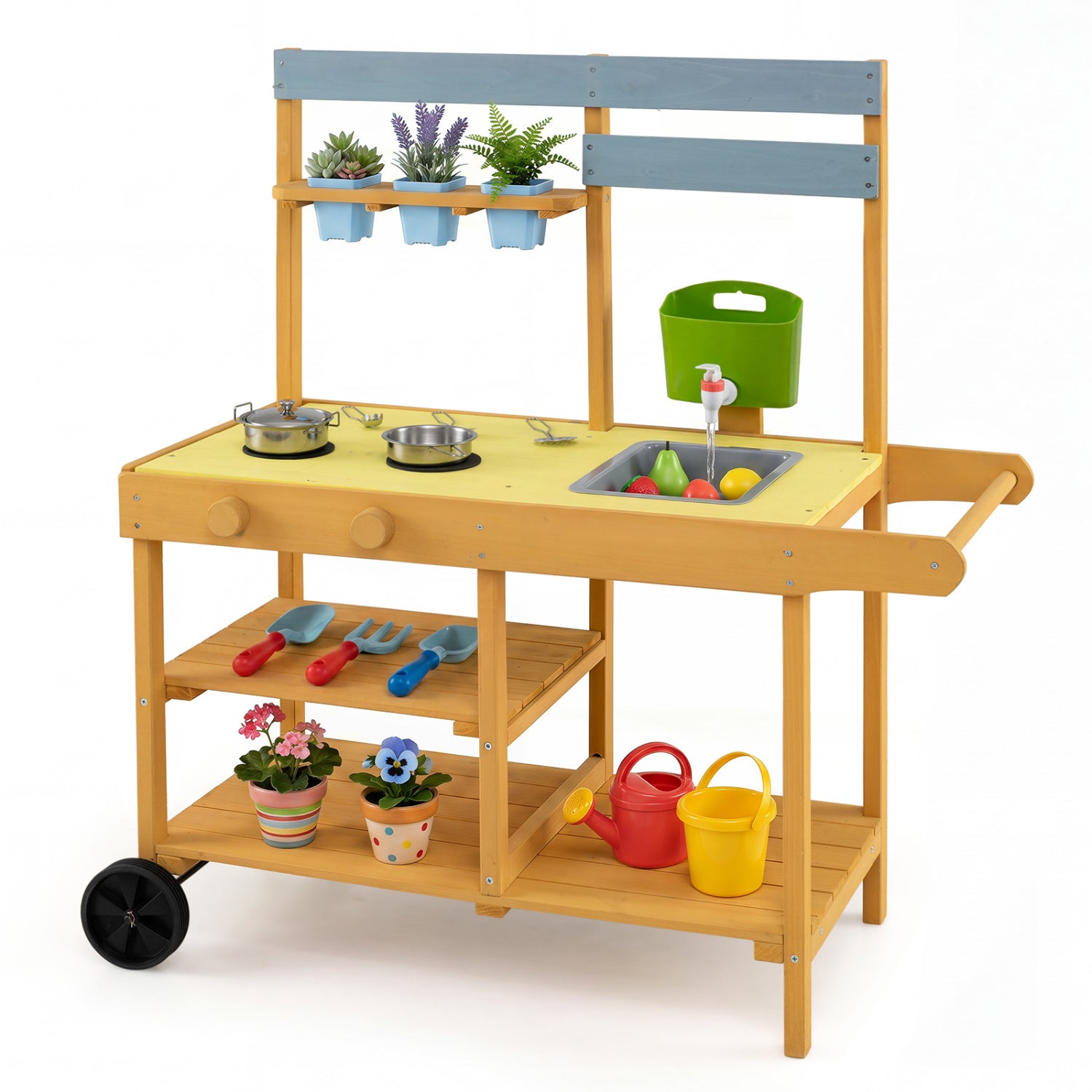 Wooden Outdoor Mud Kitchen for Kids with Flowerpots and Wheels, Yellow Play Kitchen Sets at Gallery Canada