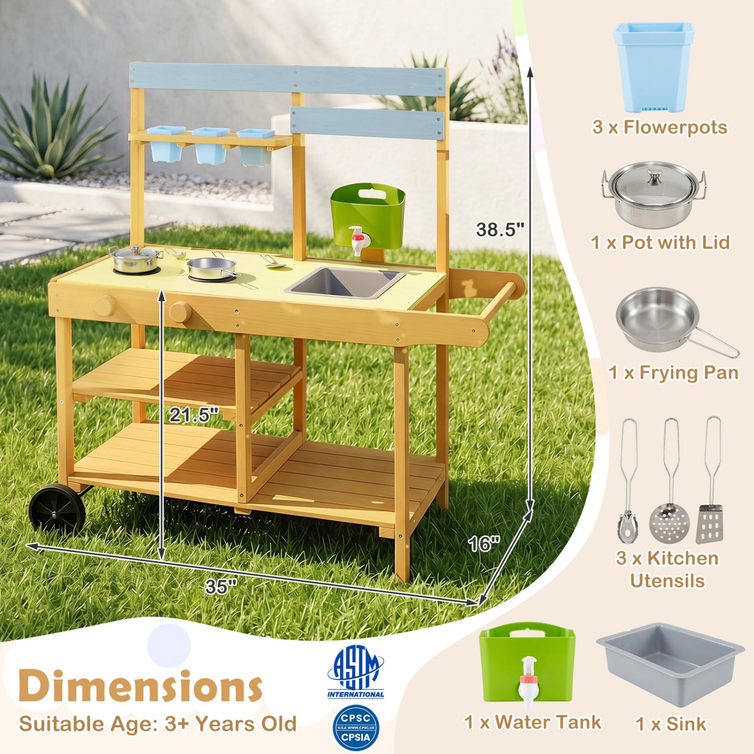 Wooden Outdoor Mud Kitchen for Kids with Flowerpots and Wheels, Yellow Play Kitchen Sets at Gallery Canada