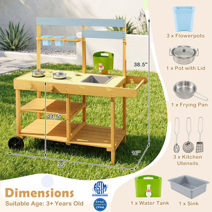 Wooden Outdoor Mud Kitchen for Kids with Flowerpots and Wheels, Yellow Play Kitchen Sets at Gallery Canada