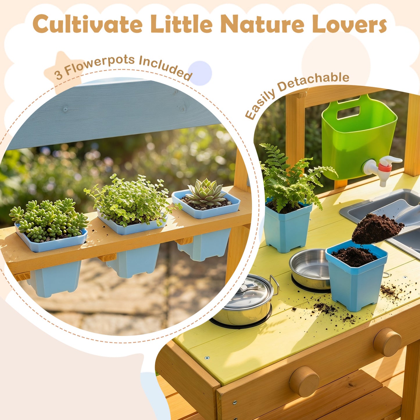Wooden Outdoor Mud Kitchen for Kids with Flowerpots and Wheels, Yellow Play Kitchen Sets at Gallery Canada