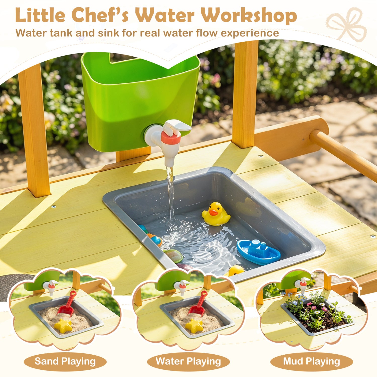 Wooden Outdoor Mud Kitchen for Kids with Flowerpots and Wheels, Yellow Play Kitchen Sets at Gallery Canada