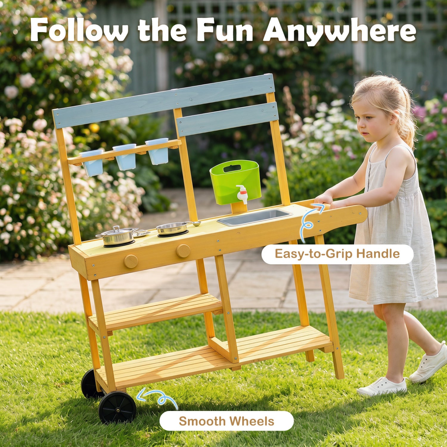 Wooden Outdoor Mud Kitchen for Kids with Flowerpots and Wheels, Yellow Play Kitchen Sets at Gallery Canada
