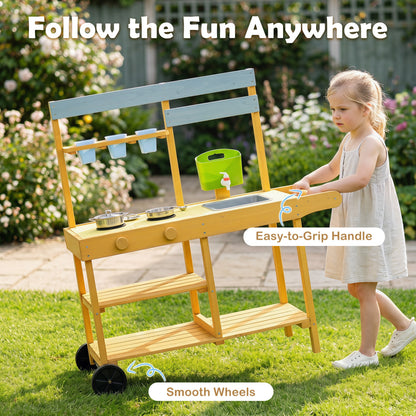 Wooden Outdoor Mud Kitchen for Kids with Flowerpots and Wheels, Yellow Play Kitchen Sets at Gallery Canada