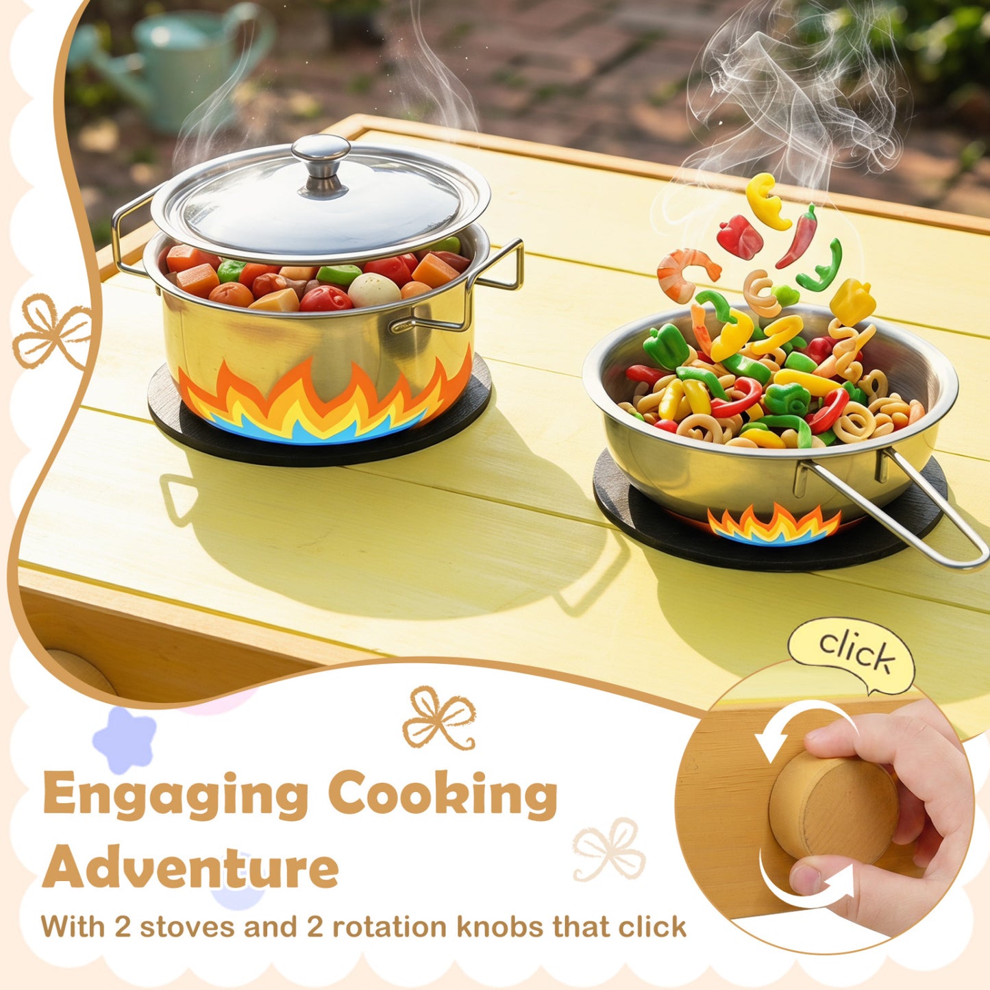Wooden Outdoor Mud Kitchen for Kids with Flowerpots and Wheels, Yellow Play Kitchen Sets at Gallery Canada