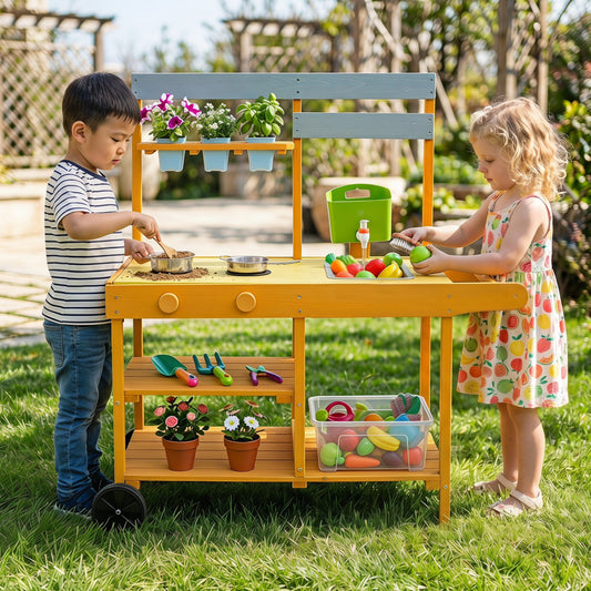 Wooden Outdoor Mud Kitchen for Kids with Flowerpots and Wheels, Yellow Play Kitchen Sets Yellow at Gallery Canada