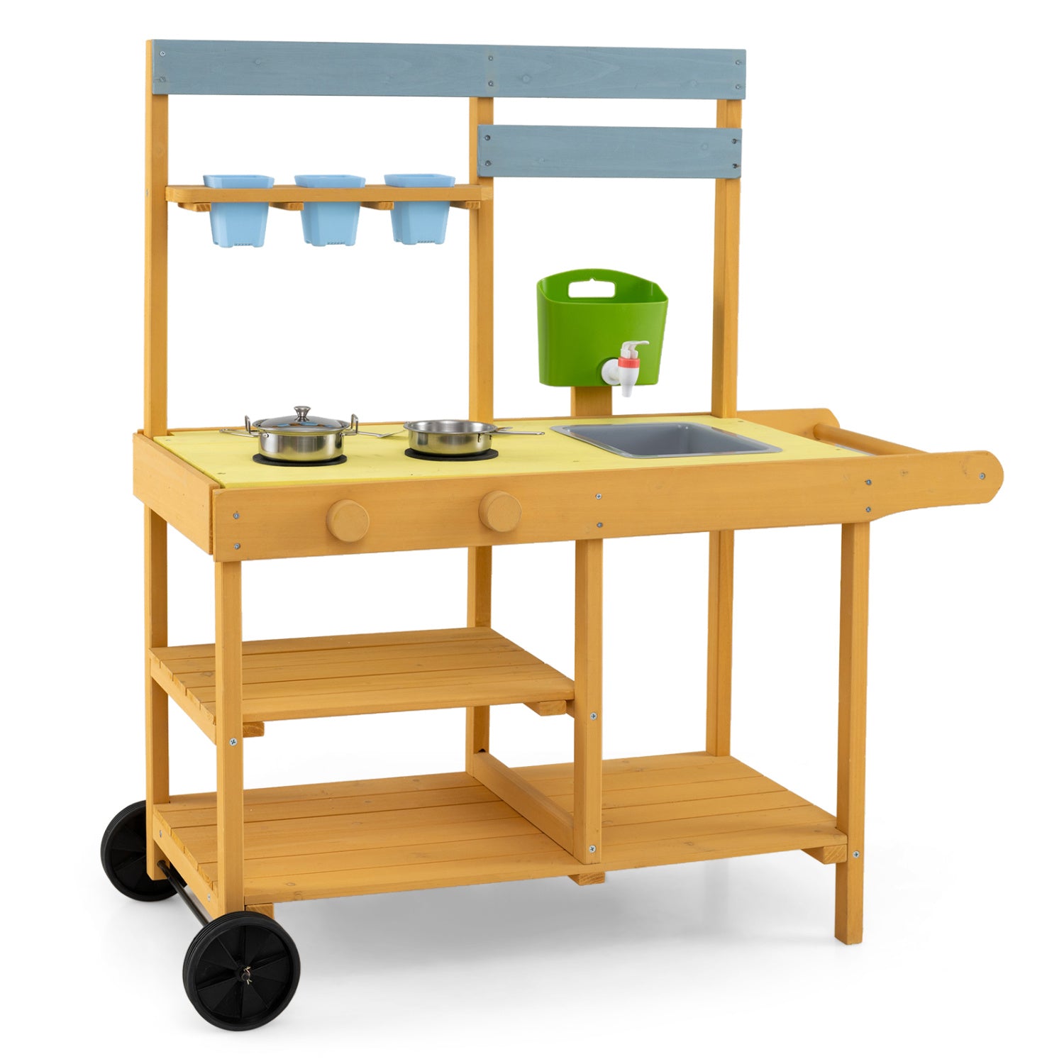 Wooden Outdoor Mud Kitchen for Kids with Flowerpots and Wheels, Yellow Play Kitchen Sets Yellow at Gallery Canada