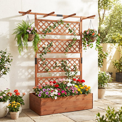 Wooden Planter Box With Lattice Trellis, Raised Garden Bed, Brown