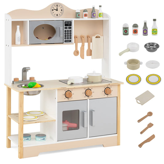 Wooden Play Kitchen Cooking Toy Playset for Kids, White