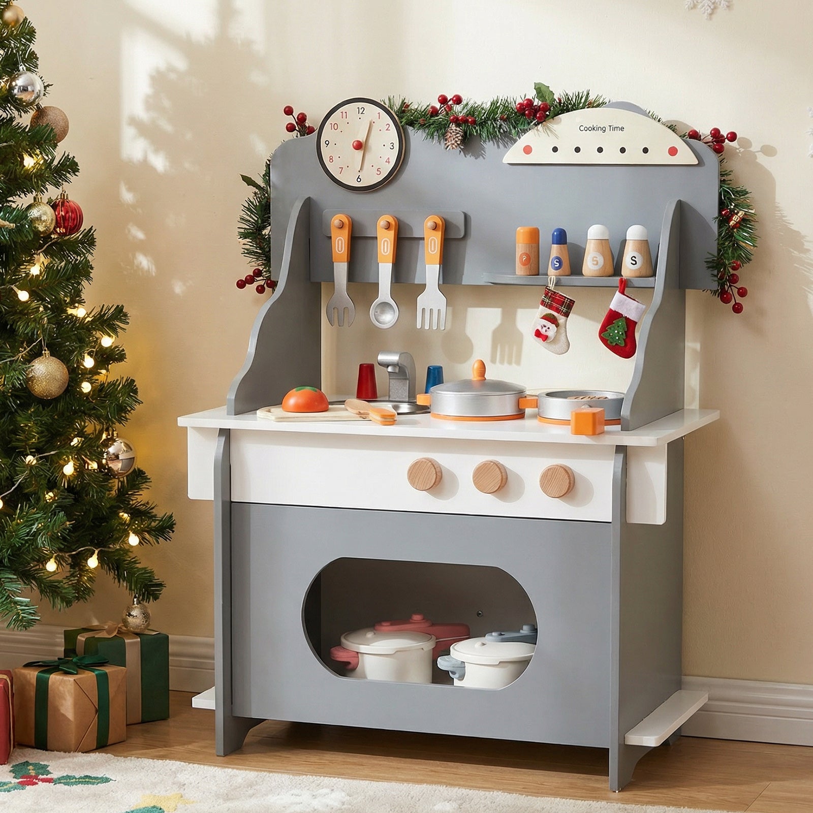 Wooden Play Kitchen for Kids Pretend Play Toy Kitchen Set with Clock Gift for Boys and Girls 3 +, Gray Play Kitchen Sets at Gallery Canada