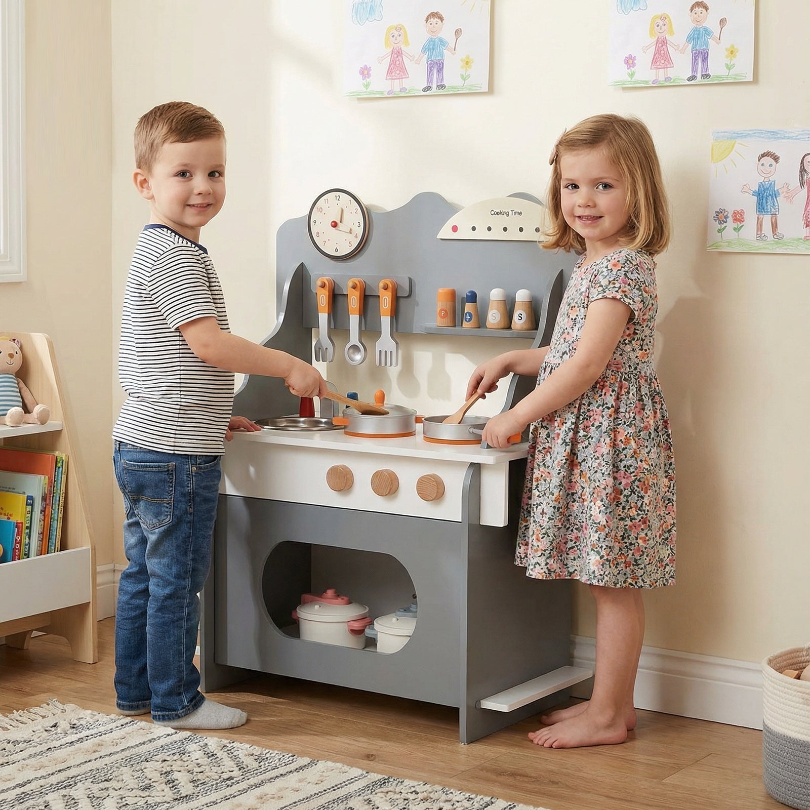 Wooden Play Kitchen for Kids Pretend Play Toy Kitchen Set with Clock Gift for Boys and Girls 3 +, Gray Play Kitchen Sets at Gallery Canada